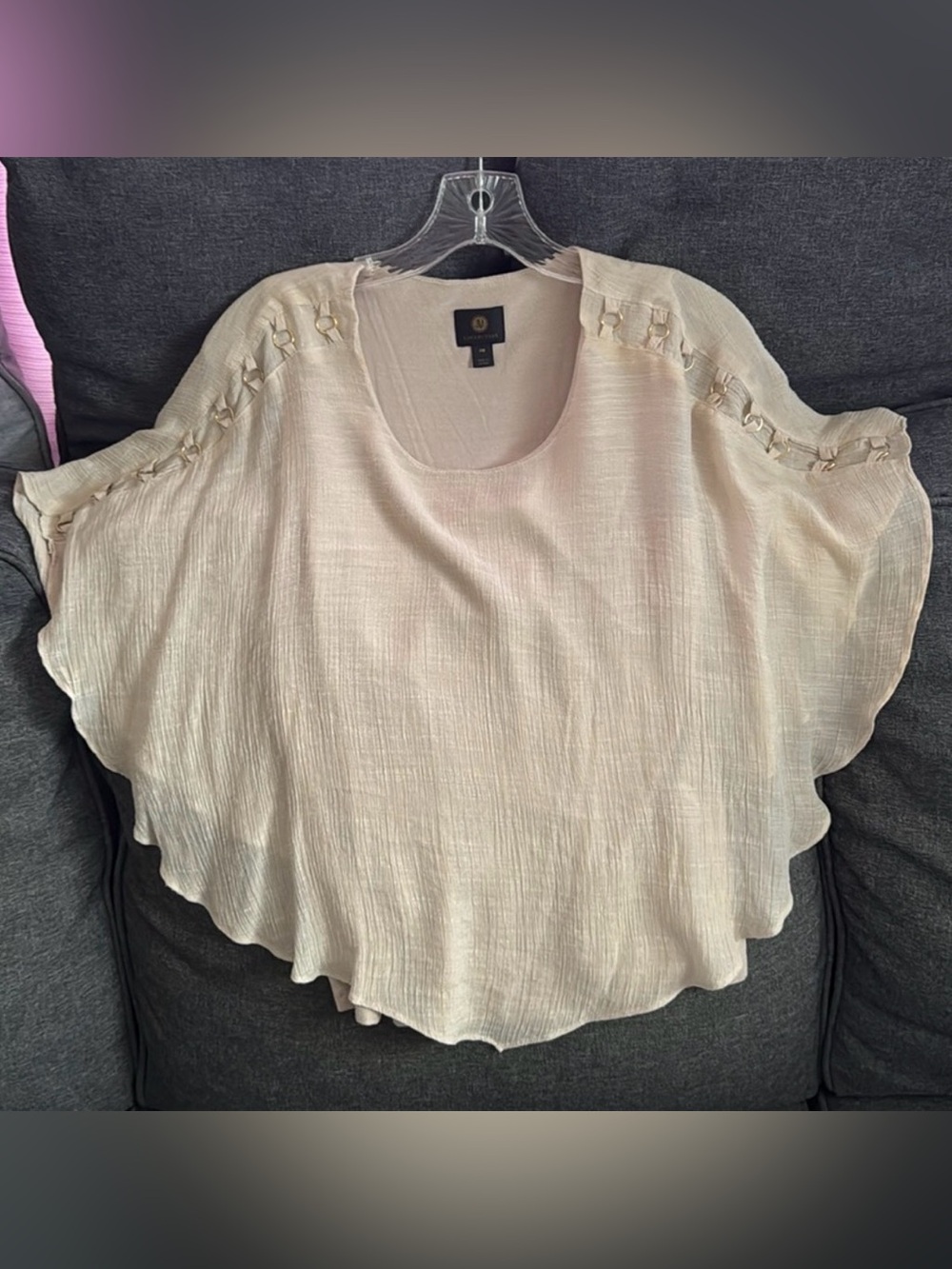 JM Collection Beige Layered Tank O-Ring Detail Sleeves Gauzy Top Blouse Sz PM